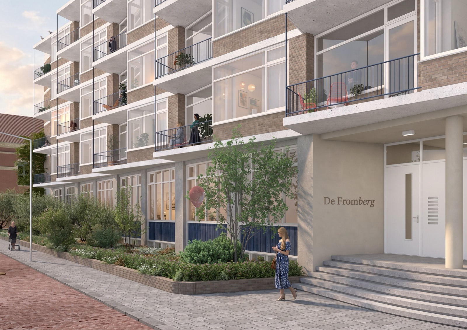 Render van de vernieuwde voorgevel met entree