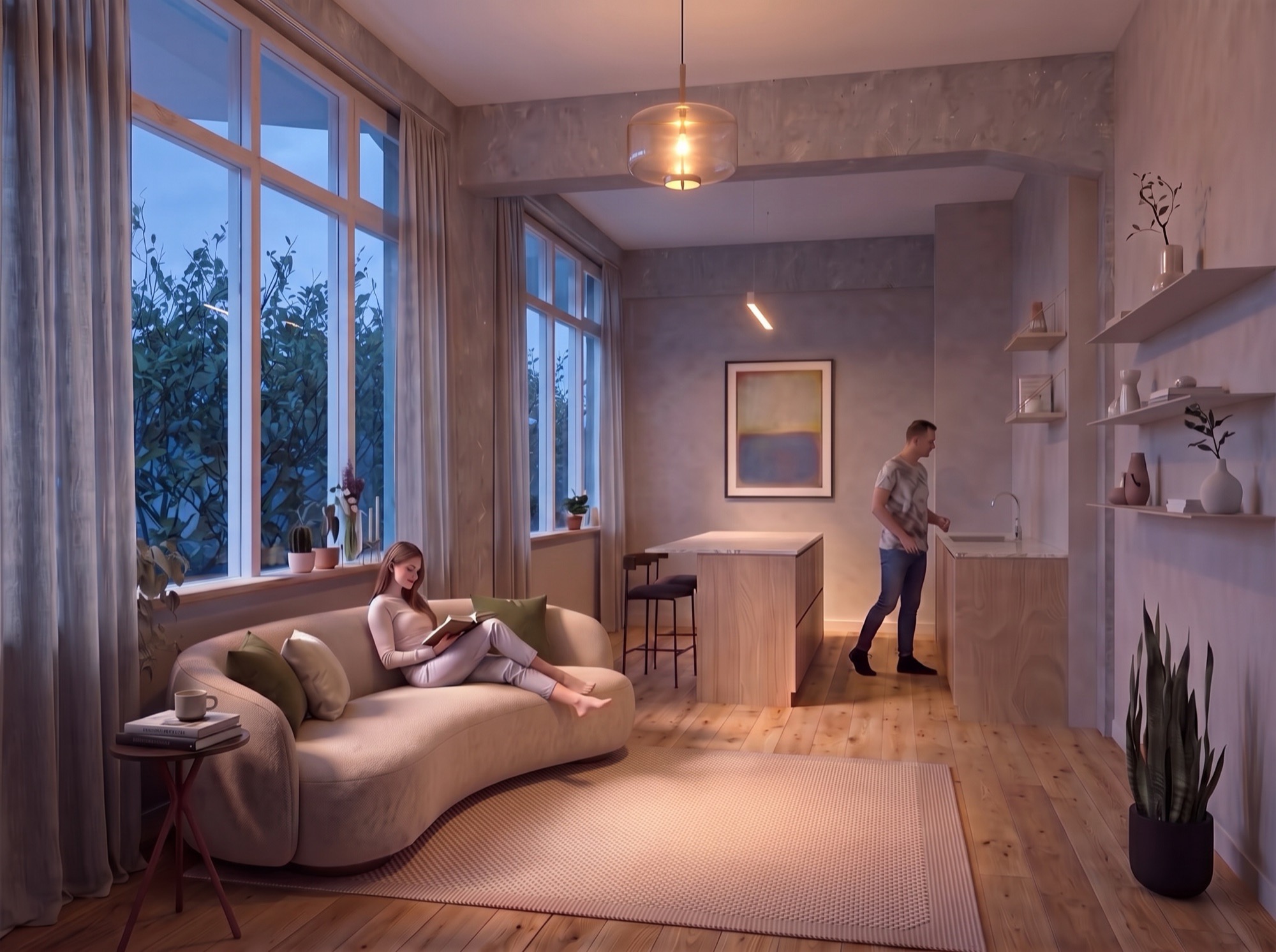 Dezelfde woonkeuken bij avondlicht, met de lampen boven het kookeiland aan