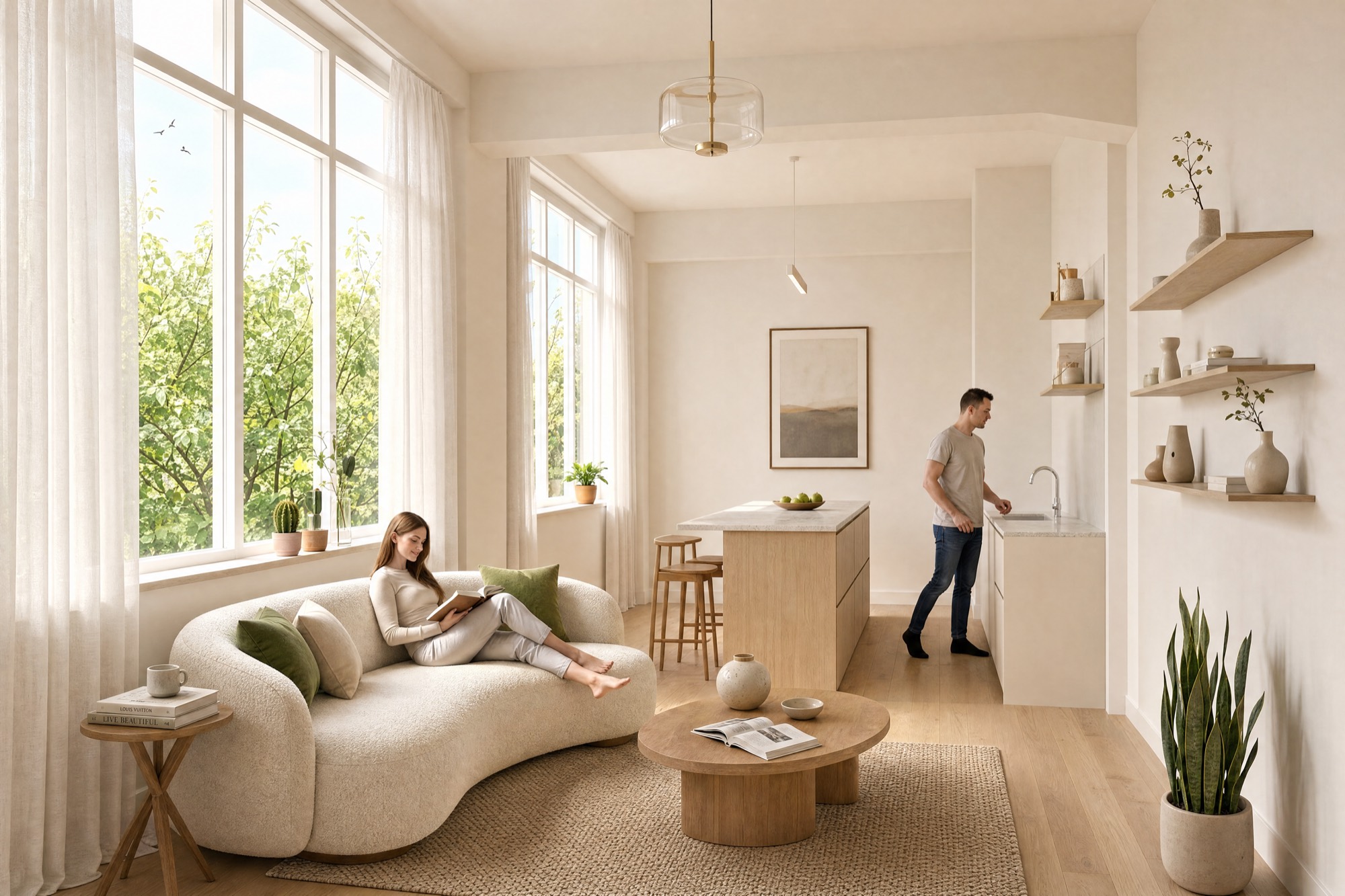 Impressie van de woonkeuken van een appartement in De Fromberg: kookeiland met barkrukken en een zithoek bij de raampartij, in één lichte ruimte