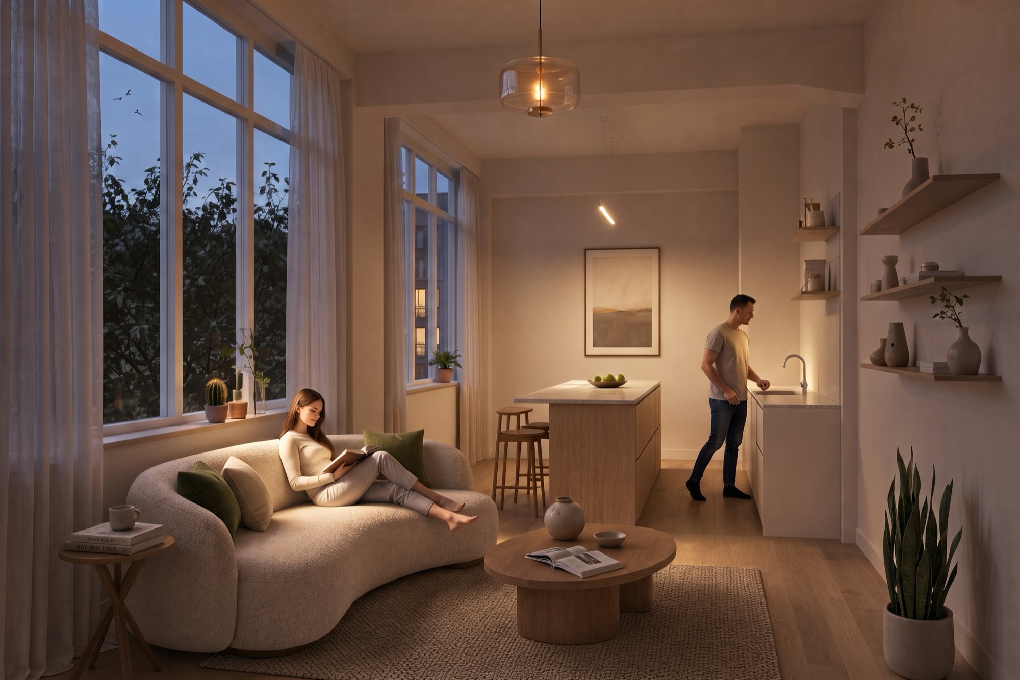 Dezelfde woonkamer bij avondlicht, met de lampen boven het kookeiland aan