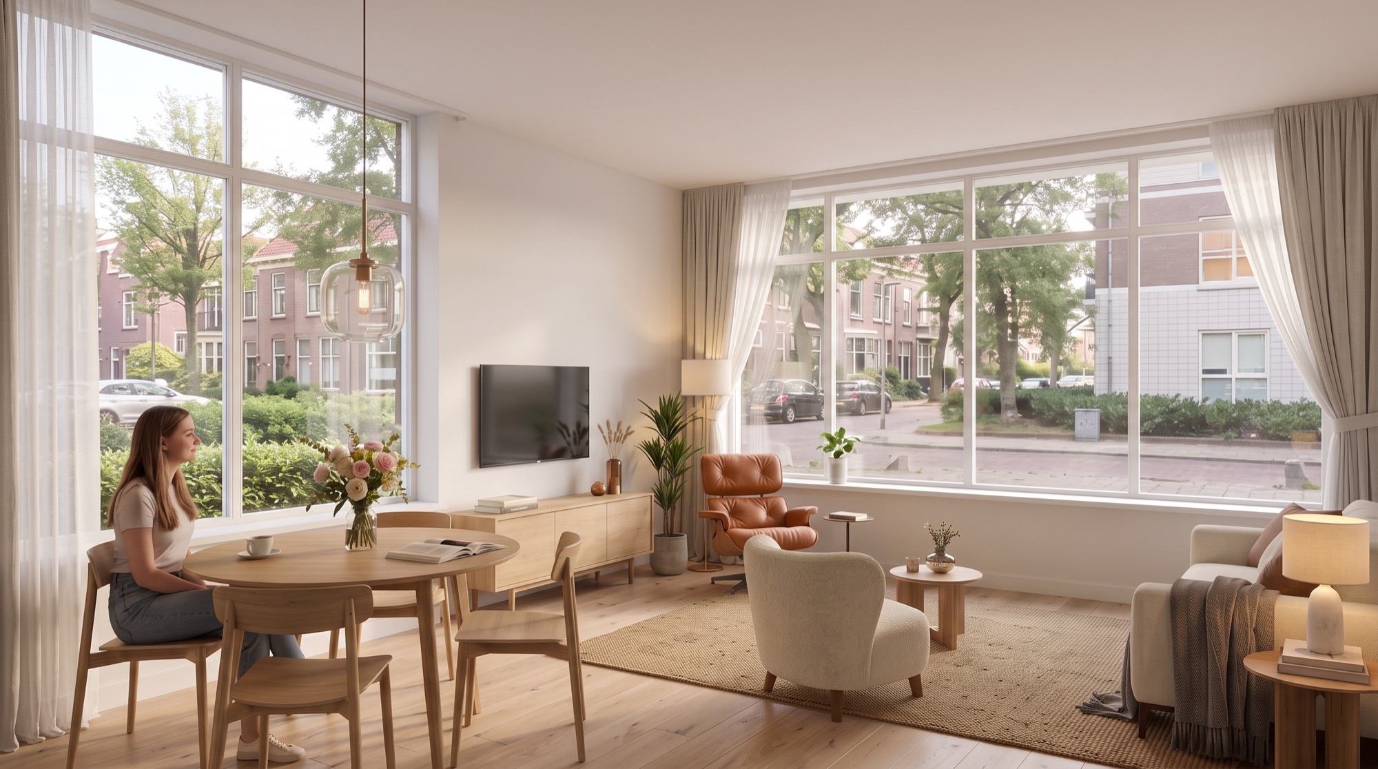 De woonkamer van hoekappartement C05: eettafel, zithoek en grote ramen aan twee kanten met uitzicht op de straat