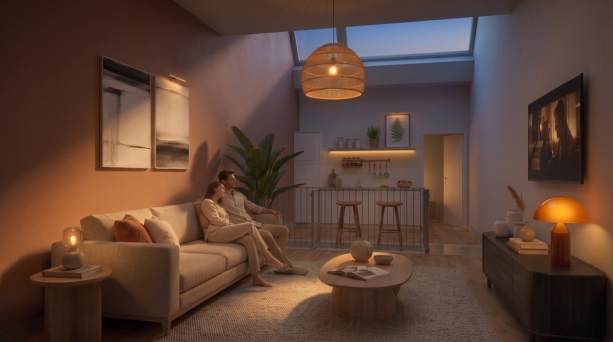 The same living room in evening light, looking towards the open kitchen