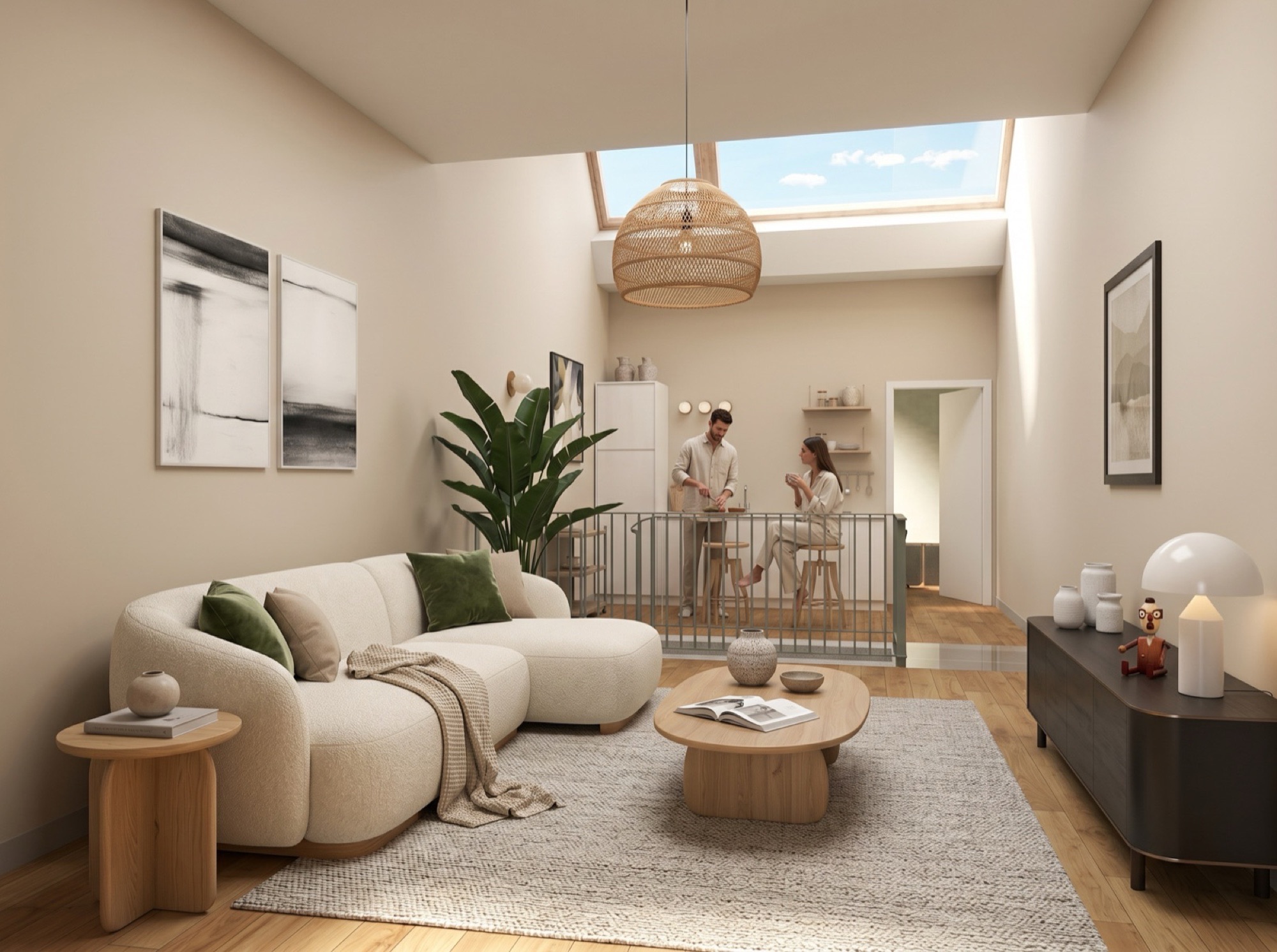 Impression of the living room of a maisonnette in De Fromberg, with an open kitchen behind the balustrade and daylight through the sheddak roof