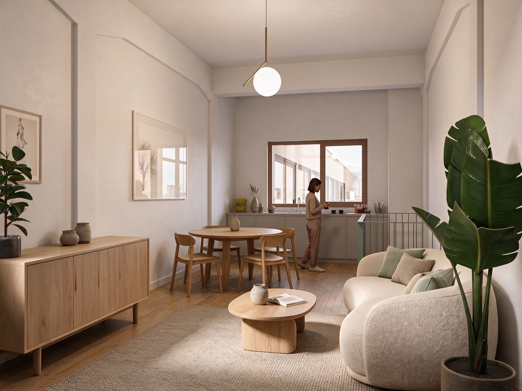 Impression of the living floor of a compact maisonnette in De Fromberg: the dining table and seating area in one room, with the open kitchen along the wall and daylight from two sides