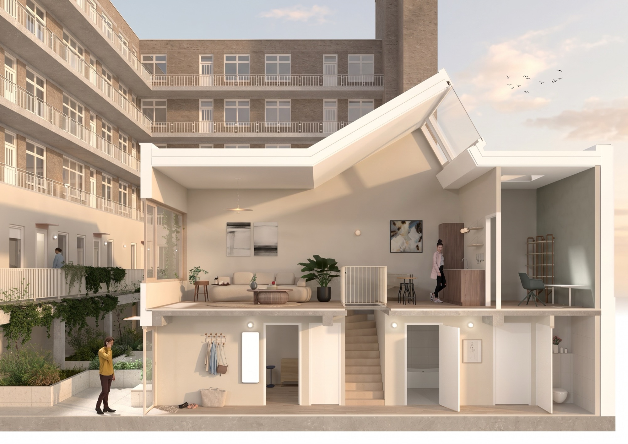 Render van een loft met daglicht door de sheddaken